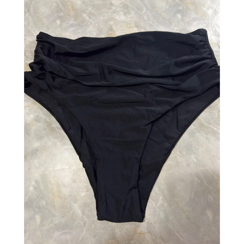 Zaful High‎ Waist Bikini Bottom Black Ruched Swimsuit US 8-10